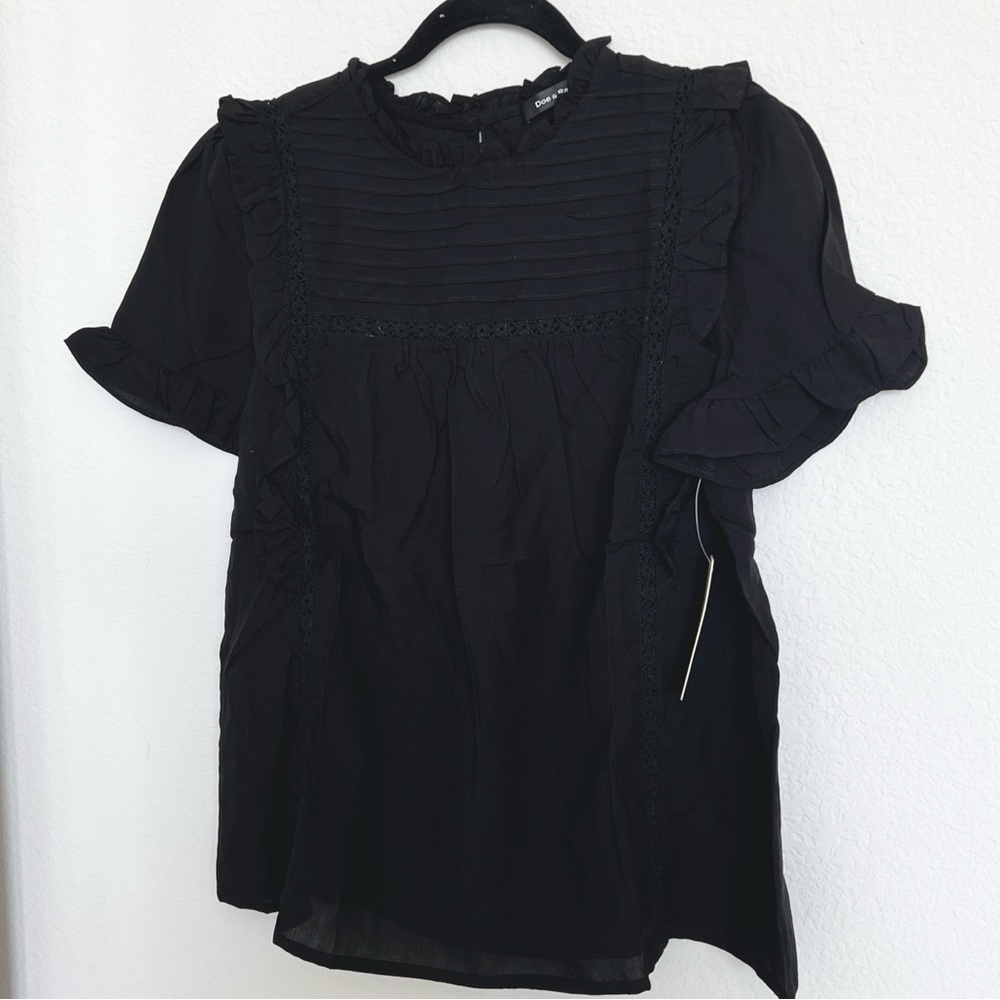 Doe & Rae Black Ruffle Sleeve Pinafore Front Top